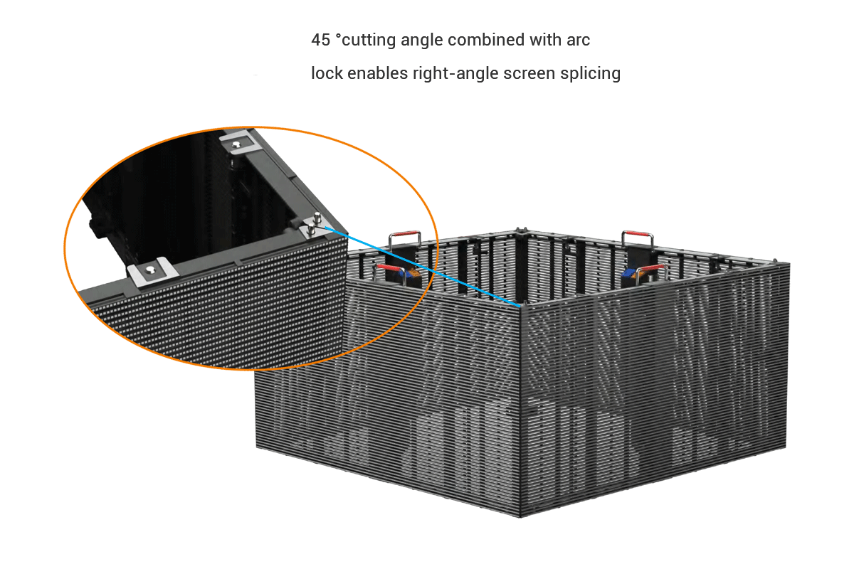 45-DEGREE CUTTING angle combined with arc lock enables right-angle screen splicing